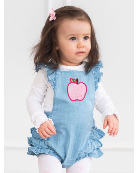 Pink Apple Embroidered Light Wash Flutter Overall Romper