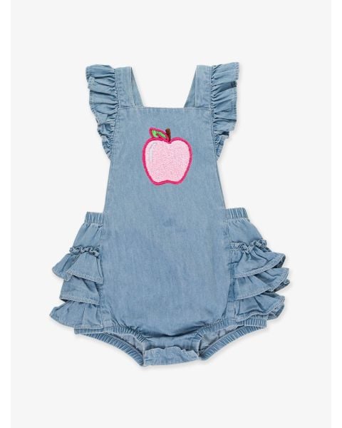 Pink Apple Embroidered Light Wash Flutter Overall Romper