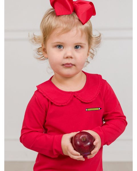 Pencil Embroidered Red Knit Long Sleeve Ruffle Peter Pan Tee
