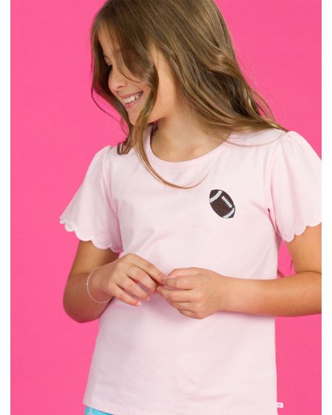 Football Embroidered Pink Short Sleeve Scallop Tee