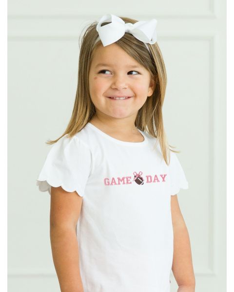 Bubblegum Pink Football Bow Game Day Embroidered White Short Sleeve Scallop Tee
