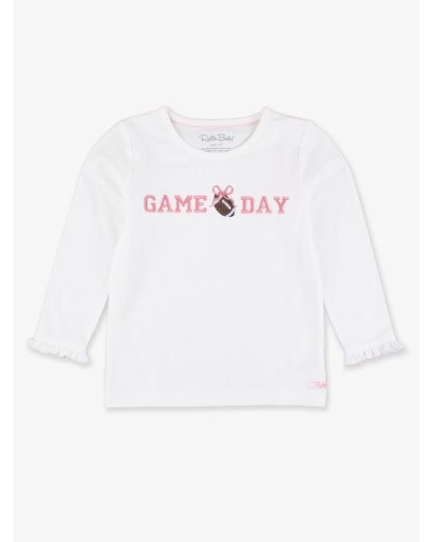 Bubblegum Pink Football Bow Game Day Embroidered White Knit Long Sleeve Ruffle Layering Tee