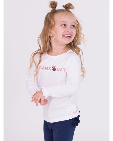 Bubblegum Pink Football Bow Game Day Embroidered White Knit Long Sleeve Ruffle Layering Tee