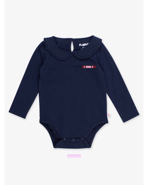 Crayon Embroidered Dark Navy Knit Long Sleeve Ruffle Peter Pan Bodysuit