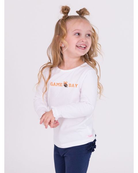 Tangerine Football Bow Game Day Embroidered White Knit Long Sleeve Ruffle Layering Tee