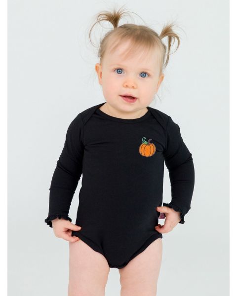 Pumpkin Embroidered Black Knit Long Sleeve Ruffle Layering Bodysuit