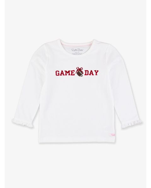 Red Football Bow Game Day Embroidered White Knit Long Sleeve Ruffle Layering Tee