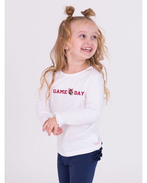 Red Football Bow Game Day Embroidered White Knit Long Sleeve Ruffle Layering Tee