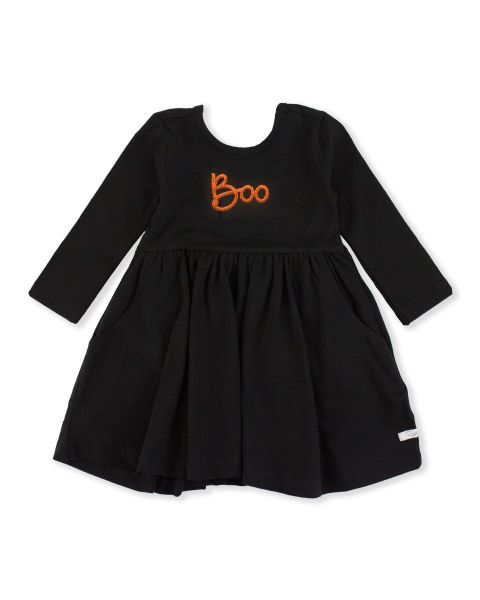 Boo Embroidered Black Knit Long Sleeve Twirl Dress
