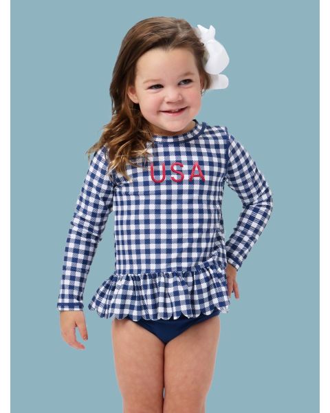 Red USA Embroidered Navy & White Gingham Scallop Hem Long Sleeve Rash Guard 2-Piece, with Signature Rear Ruffles