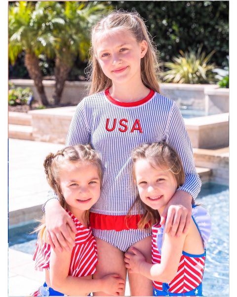 Red USA Embroidered Blue Seersucker Long Sleeve Rash Guard 2-Piece Swimsuit
