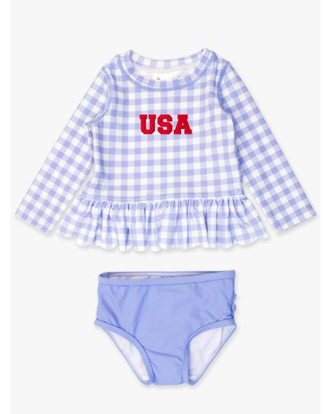 Red USA Embroidered Periwinkle Blue Gingham Scallop Hem Long Sleeve Rash Guard 2-Piece, with Signature Rear Ruffles