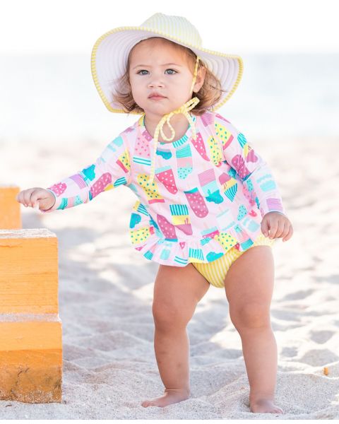 Ice Cream Social Long Sleeve Ruffle Hem Rash Guard Bikini
