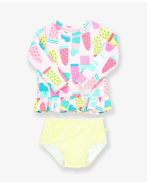 Ice Cream Social Long Sleeve Ruffle Hem Rash Guard Bikini