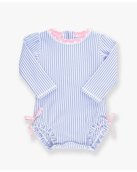 Periwinkle Blue Seersucker Long Sleeve Rash Guard One Piece