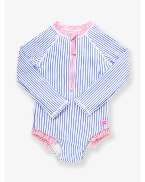 Periwinkle Blue Seersucker Girls Long Sleeve One Piece Rash Guard