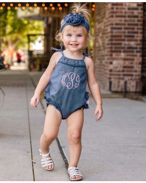 Faux Denim Pom Pom Bubble Romper