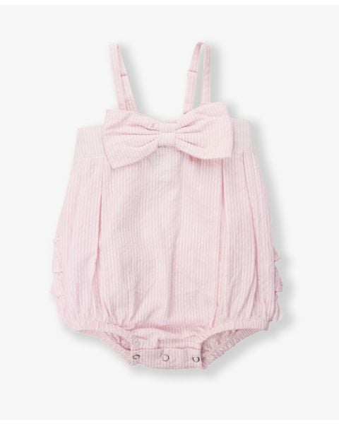 Pink Seersucker Bow Front Bubble Woven Romper