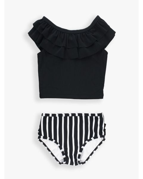 Black & White Stripe Ruffled Tankini