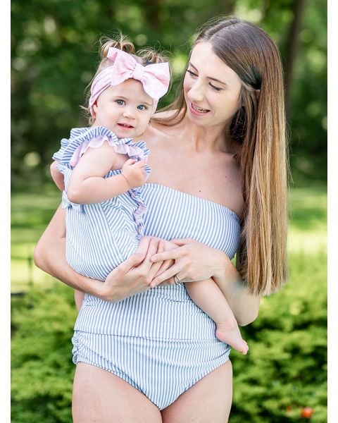 Women's Periwinkle Blue Seersucker Strapless Tankini Top