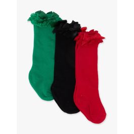 Green, Black, Red 3-Pack Lace Ruffle Bow Knee High Socks
