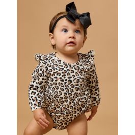 Classic Leopard Knit Long Sleeve Flutter Bubble Romper