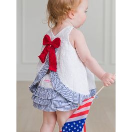 White & Classic Blue Seersucker Embroidered Dot Swing Top and Bloomer Set