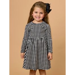 Black Houndstooth Knit Long Sleeve Twirl Dress