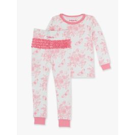 Pink Butterfly Garden Toile Toddler Ruffle Long Sleeve Pajama Set, Bamboo Viscose
