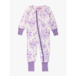 Wisteria Purple Butterfly Garden Toile Convertible Ruffle One Piece Pajama, Bamboo Viscose