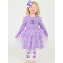 Wisteria Purple Flutter Tulle Long Sleeve Twirl Dress