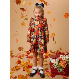 Autumn Blooms Woven Long Sleeve Waterfall Bow Dress