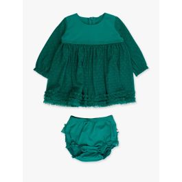 Emerald Green Long Sleeve Dotted Tulle Dress & RuffleButt Set