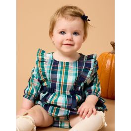 Forrest Plaid Woven Long Sleeve Waterfall Bow Bubble Romper