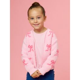Hot Pink Bows Cozy Sweater Knit Open Cardigan with Pockets