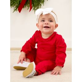 Red Knit Long Sleeve Ruffle Full Length Romper