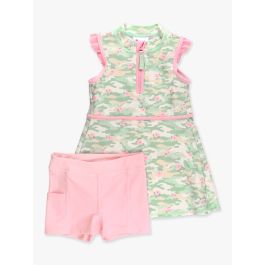 Sage Blossom Camo Active Sleeveless Zip Ruffle Sleeve Dress & Bike Short Set