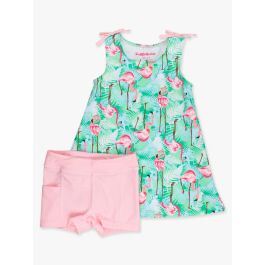Green Vibrant Flamingo Active A-Line Bow Dress & Bike Short Set
