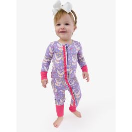 Purple Sunny Bunnies Convertible Ruffle One Piece Pajama, Bamboo Viscose