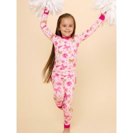 Footballs & Bows Toddler Ruffle Long Sleeve Pajama Set, Bamboo Viscose