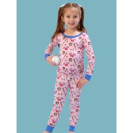 Pink Stars & Strikes Girls Ruffle Long Sleeve Pajama Set, Bamboo Viscose