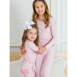 Pink Gingham Ruffle Long Sleeve Pajama Set, Modal Blend