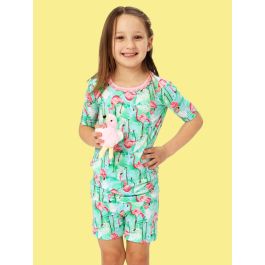Green Vibrant Flamingo Girls Ruffle Short Sleeve Pajama Set, Bamboo Viscose