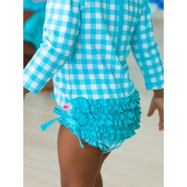 Bright Aqua Gingham Long Sleeve One Piece Rash Guard