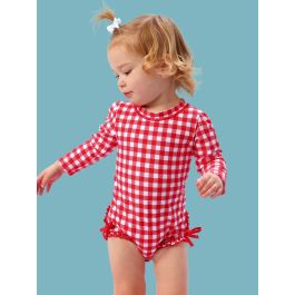 Vintage Red Gingham Long Sleeve One Piece Rash Guard Swimsuit, with Signature Rear Ruffles