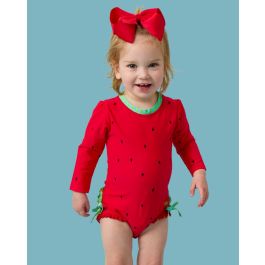 Watermelon Long Sleeve One Piece Rash Guard Swimsuit, with Signature Rear Ruffles