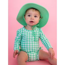 Spring Green Gingham Long Sleeve One Piece Rash Guard Swimsuit, with Signature Rear Ruffles