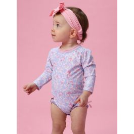 Lavender Floral Princess Long Sleeve One Piece Rash Guard Swimsuit, with Signature Rear Ruffles