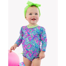 Neon Paisley Pop Long Sleeve One Piece Rash Guard Swimsuit, with Signature Rear Ruffles