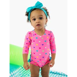 Neon Pink Colorful Hearts Long Sleeve One Piece Rash Guard Swimsuit, with Signature Rear Ruffles